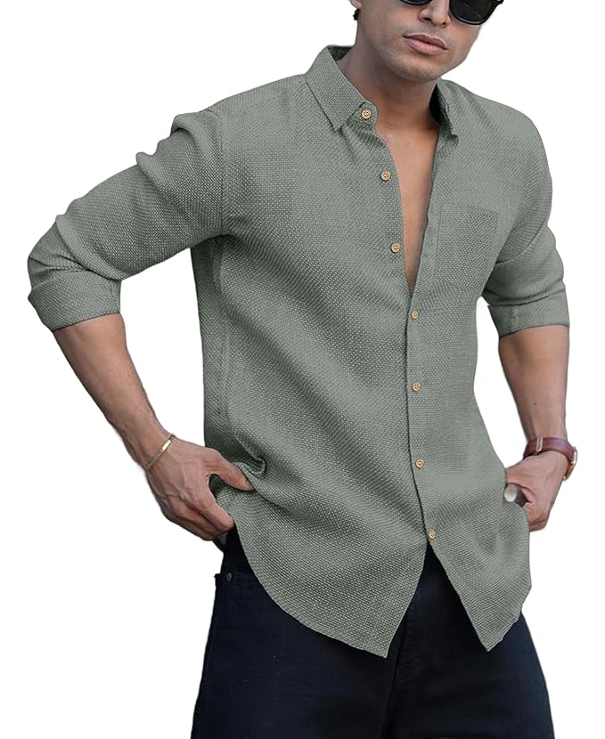 NexaFlair Men's Regular Fit Solid Pattern Laffer Cotton Shirt with Long Sleeve Collared Neck Standard Length and Button Down Closure Type | Mens Casual Shirts | Man's Formal Shirts